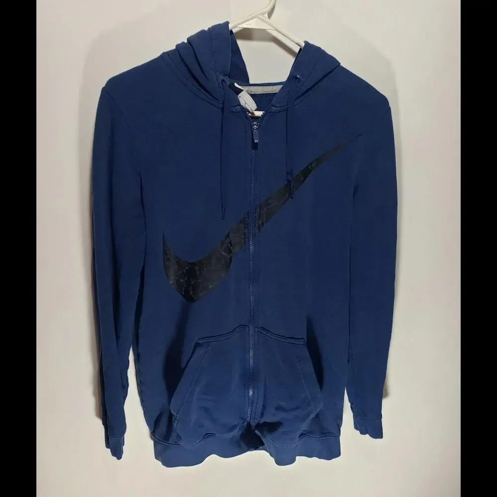 Mens Vintage NIKE Big Swoosh Blue‎ Black Full Zip-Up Hoodie Size Medium M